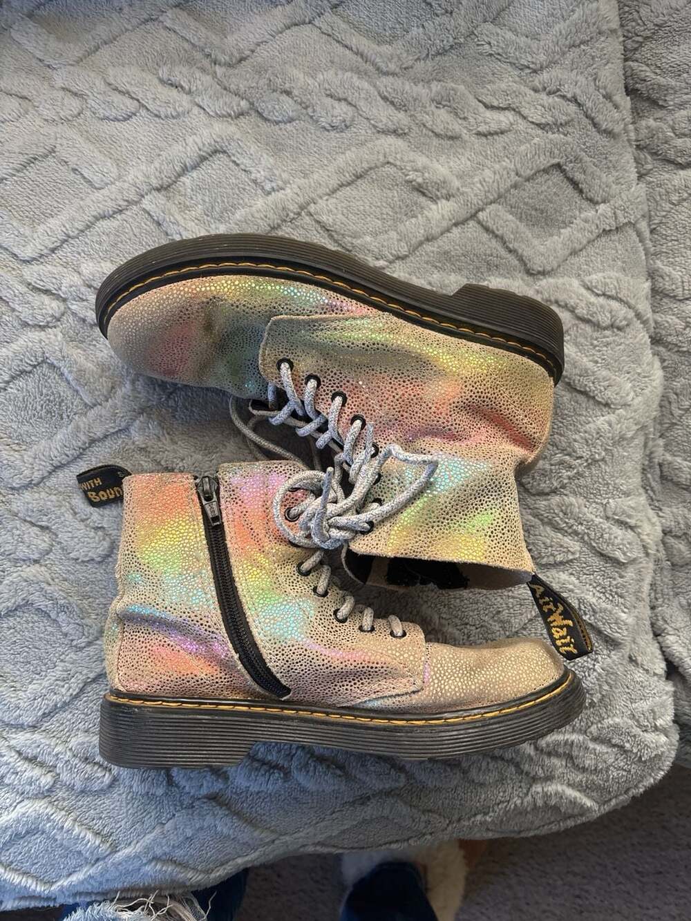 Dr. Martens Kids 1460 Pascal Rainbow Iridescent Glitter Suede Boots with Side Zi